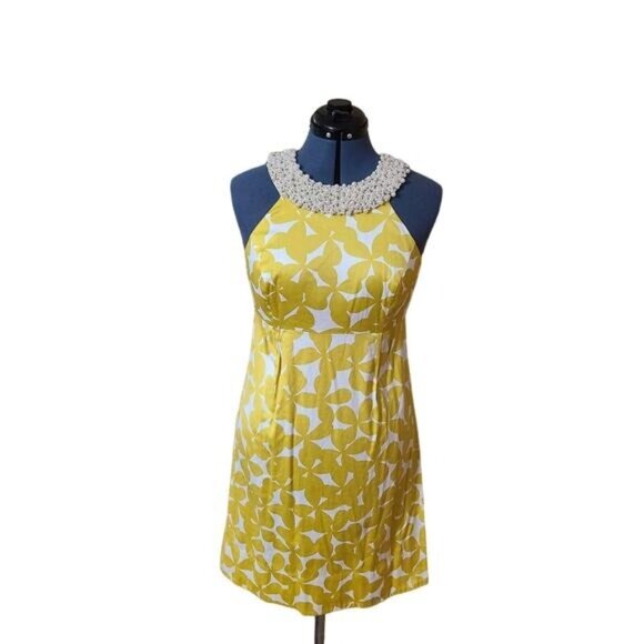 INC dress pearl collar mustard floral print size 8 - Picture 1 of 10